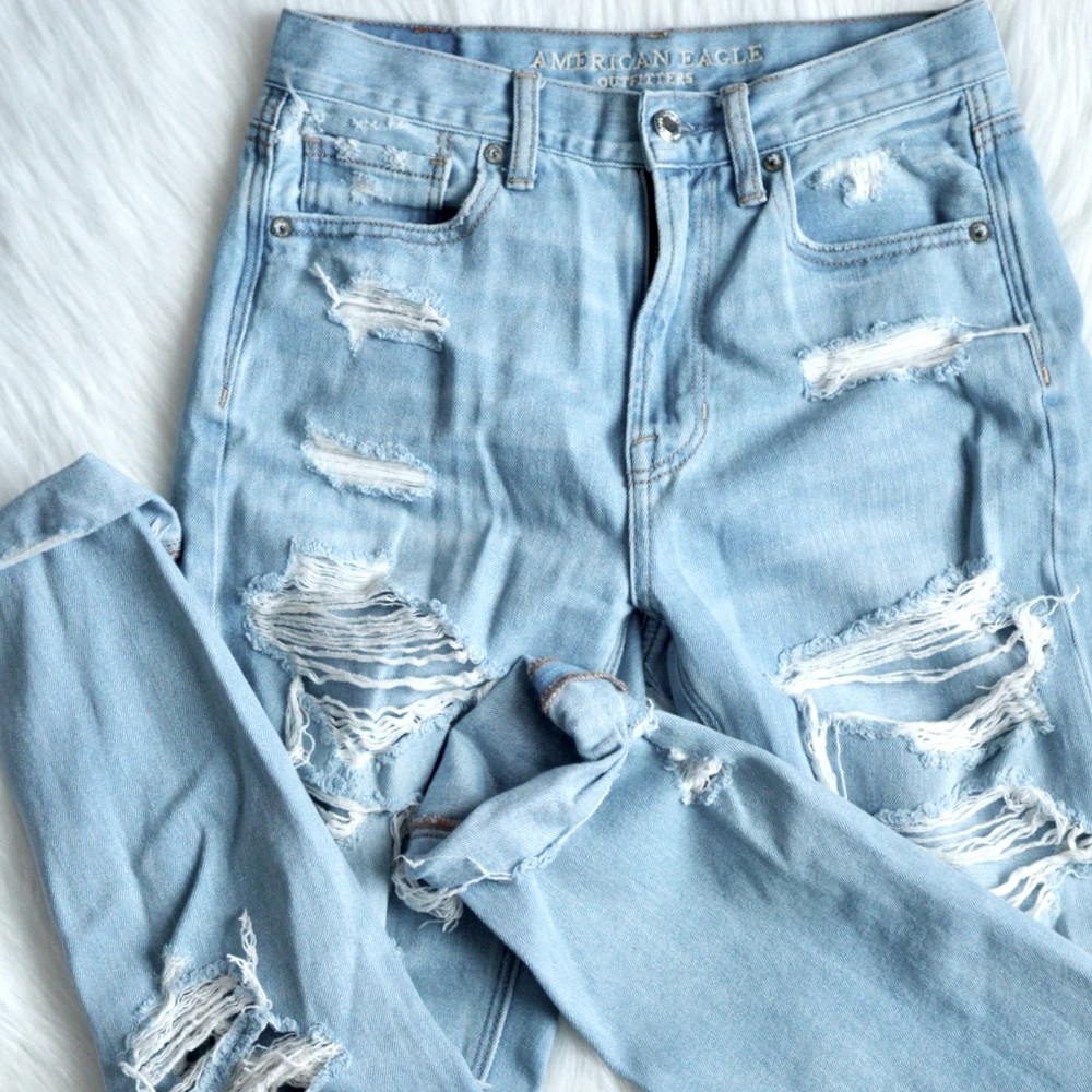 American Eagle Outfitters High Rise Ripped Jeans - Light Blue